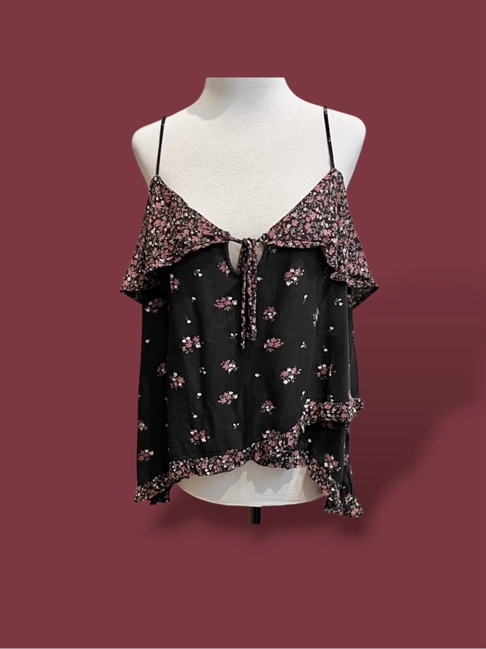 American Eagle Boho Floral Ruffle Cami Tank Top Large Adjustable Spaghetti Strap